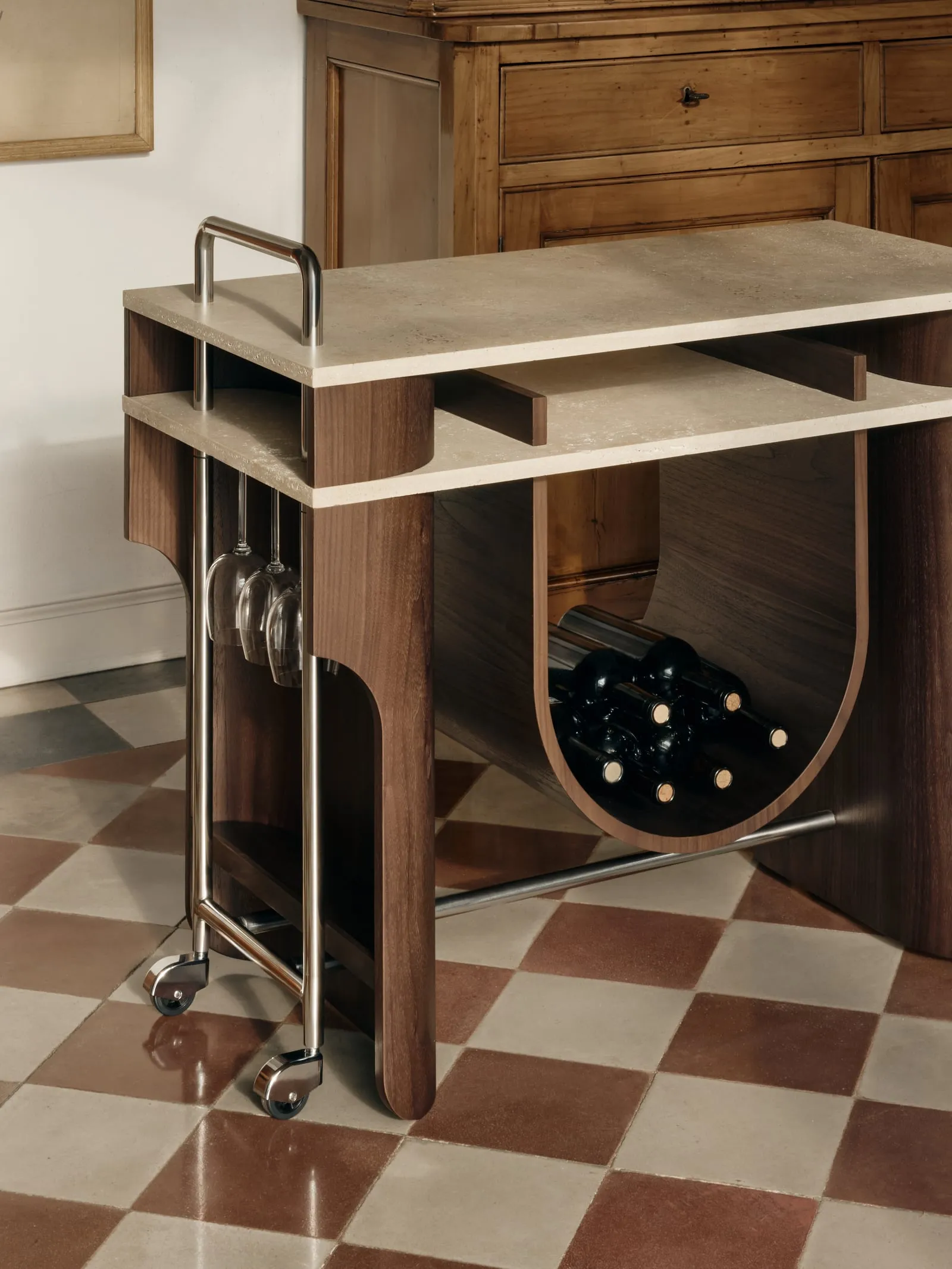 Arcus Bar Cart close up, showing the wine storage and the lower shelf