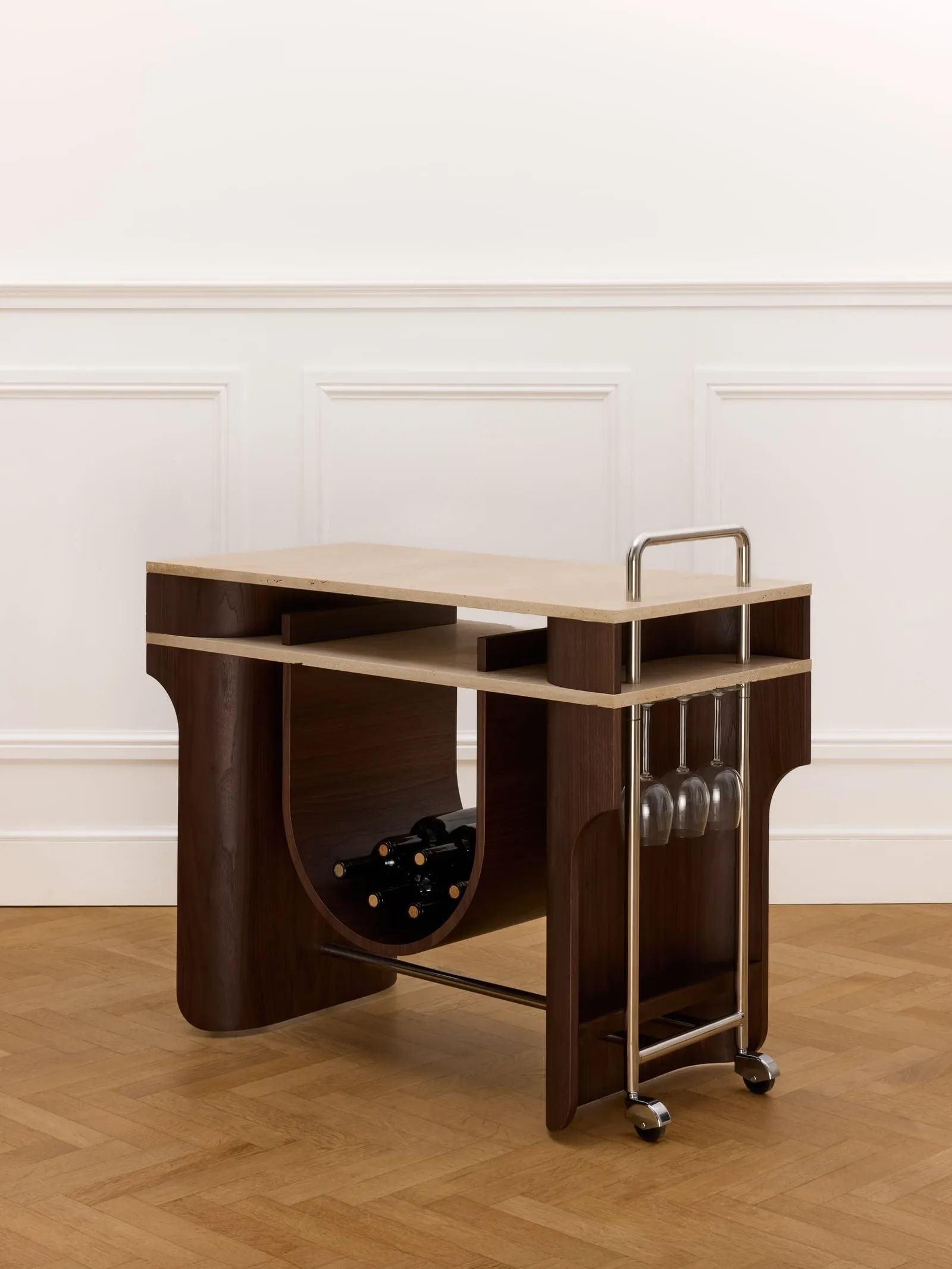 Arcus Bar Cart seen at an angle, with the glass rack on its side