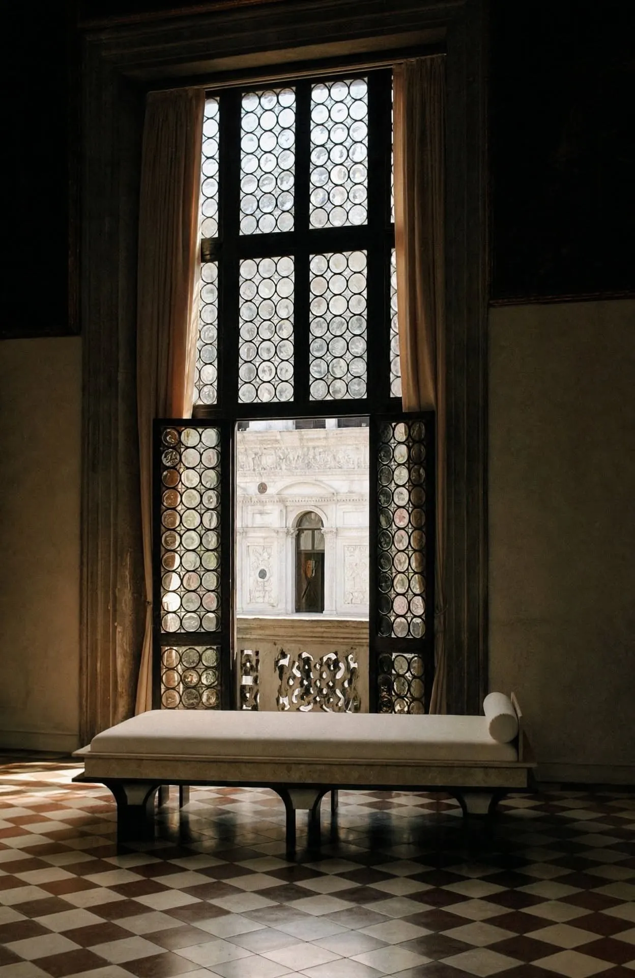 Arcus Daybed before a tall window of round leaded-glass panes, on a chequered marble floor