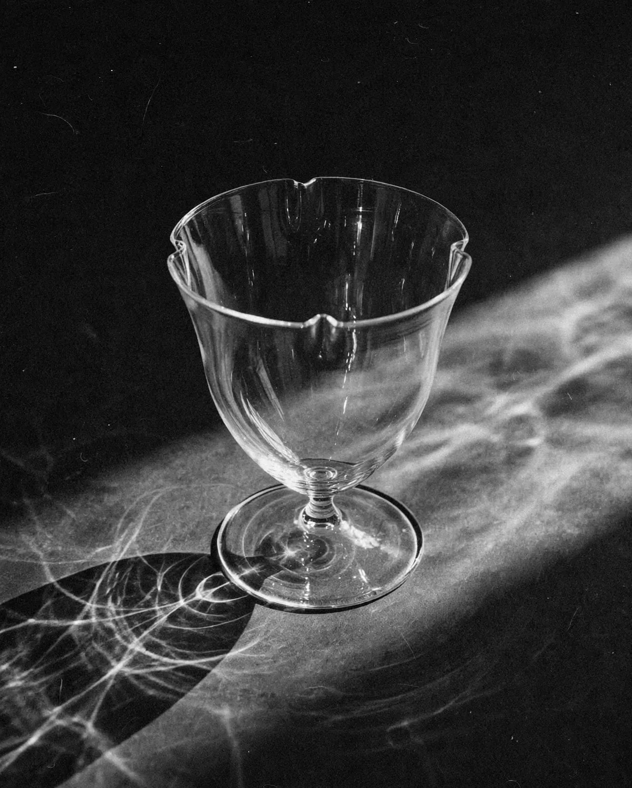 A hand-blown Murano glass goblet with a scalloped rim, casting light patterns in a beam of sunlight