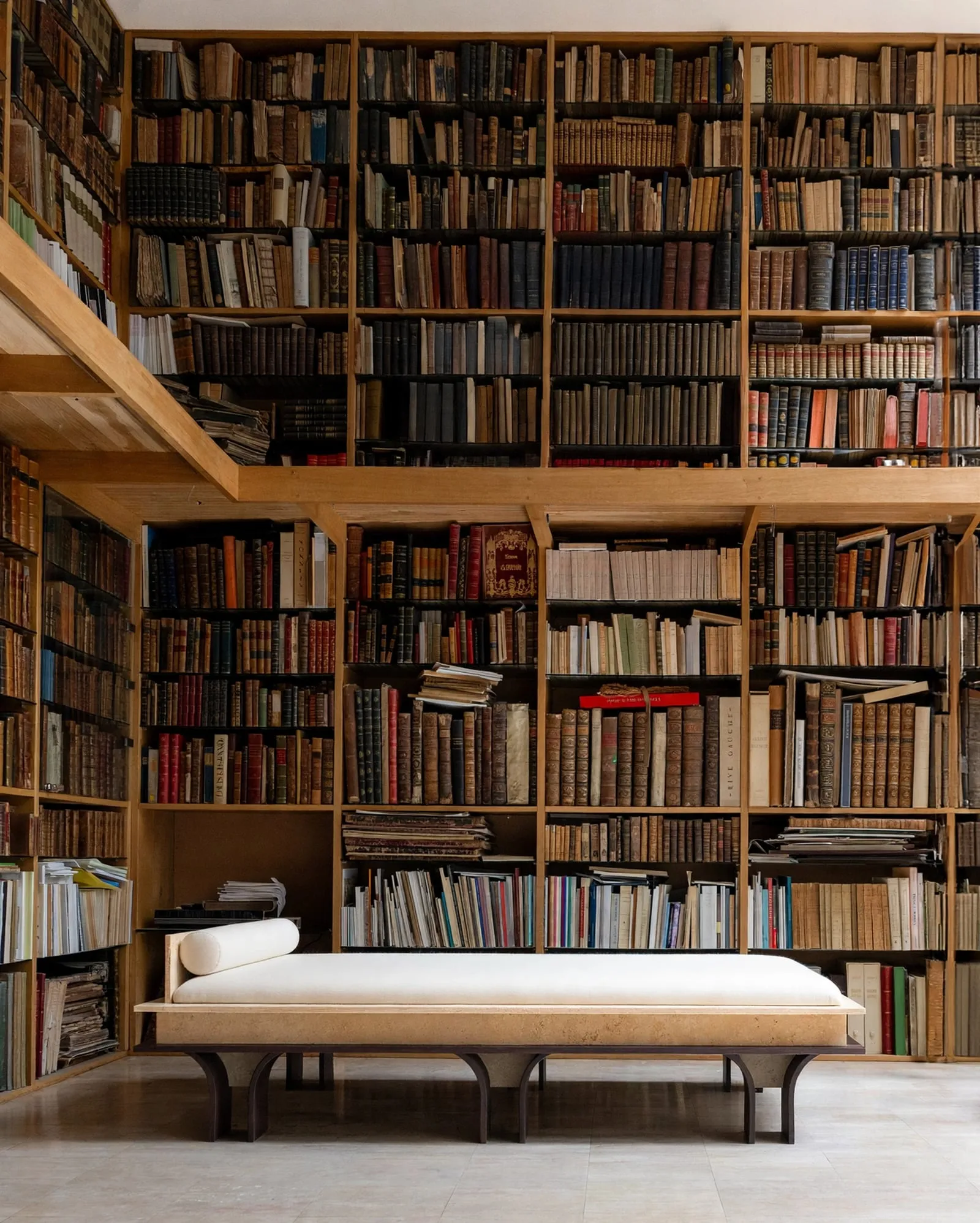 Arcus daybed in front of floor-to-ceiling wooden bookshelves in an antiquarian bookshop